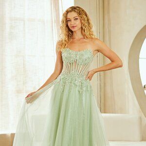New Strapless A-Line Rhinestones Embellished Gown w/ Sheer Boned Bodice AC 9078